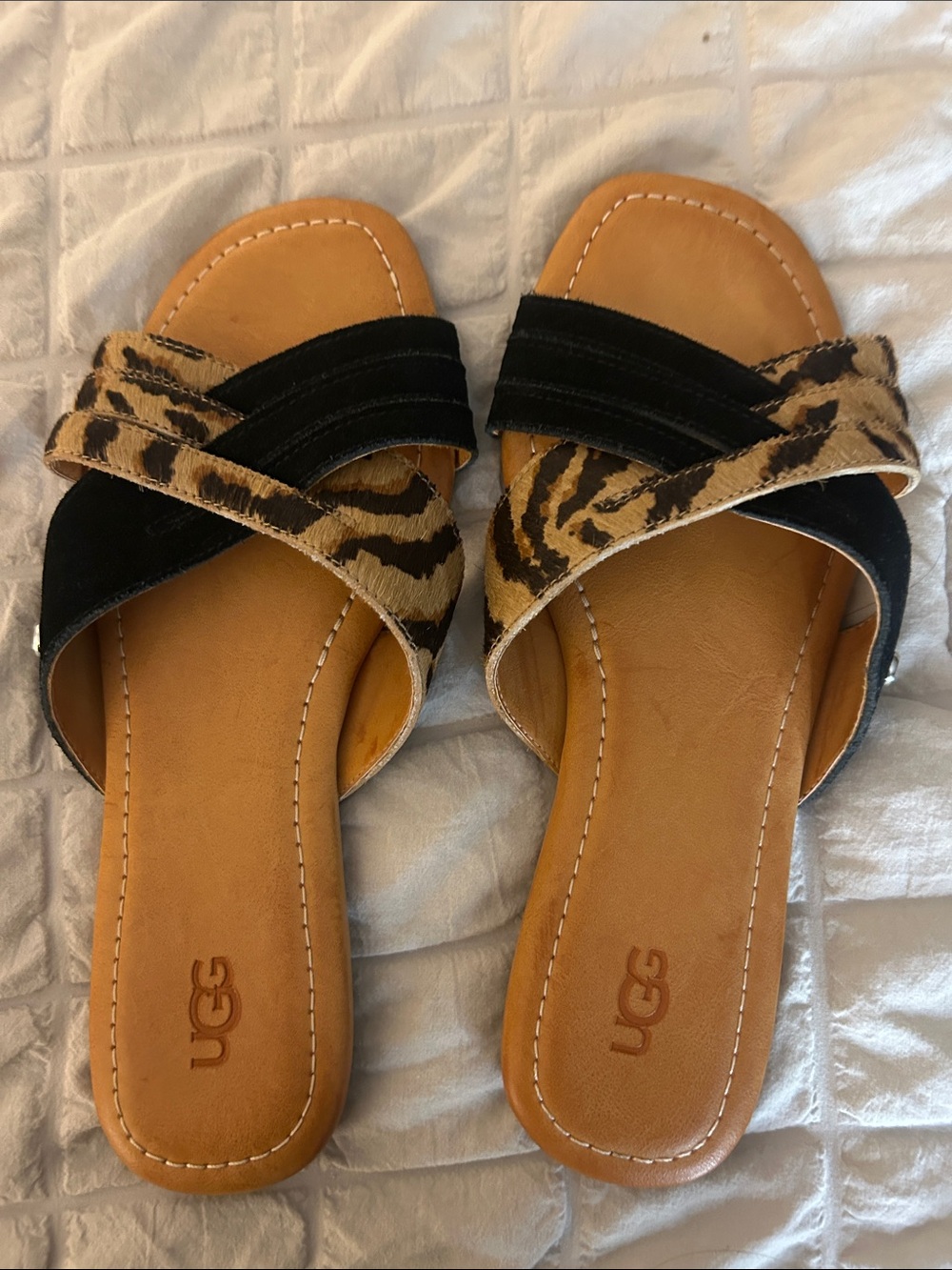 UGG Black & Brown Leopard-Accent Slide Sandals